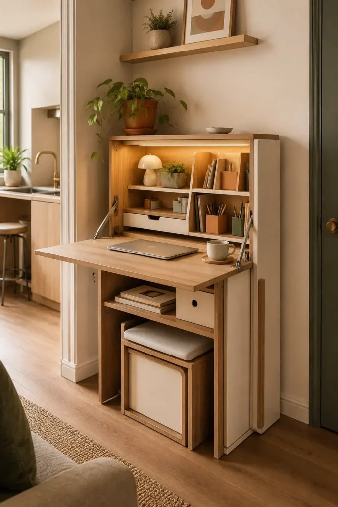  small apartment corner with a stylish fold-out desk storage cabinet.
