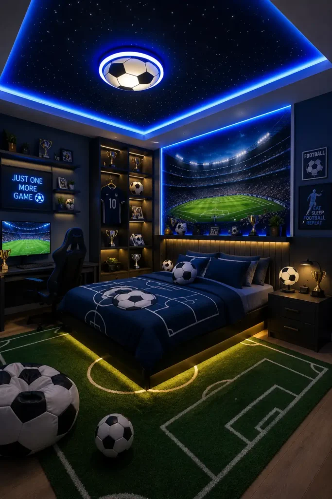 Blue Stadium Glow Bedroom for soccer lovers.