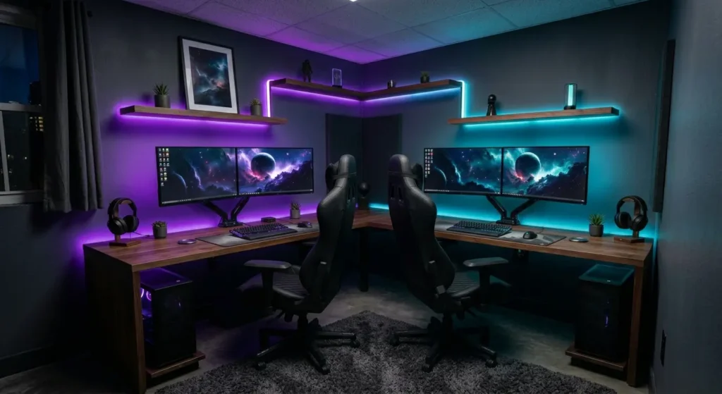 A moody, high-end small gaming room for a couple featuring an elegant corner L-shaped dark walnut desk with two complete gaming stations.