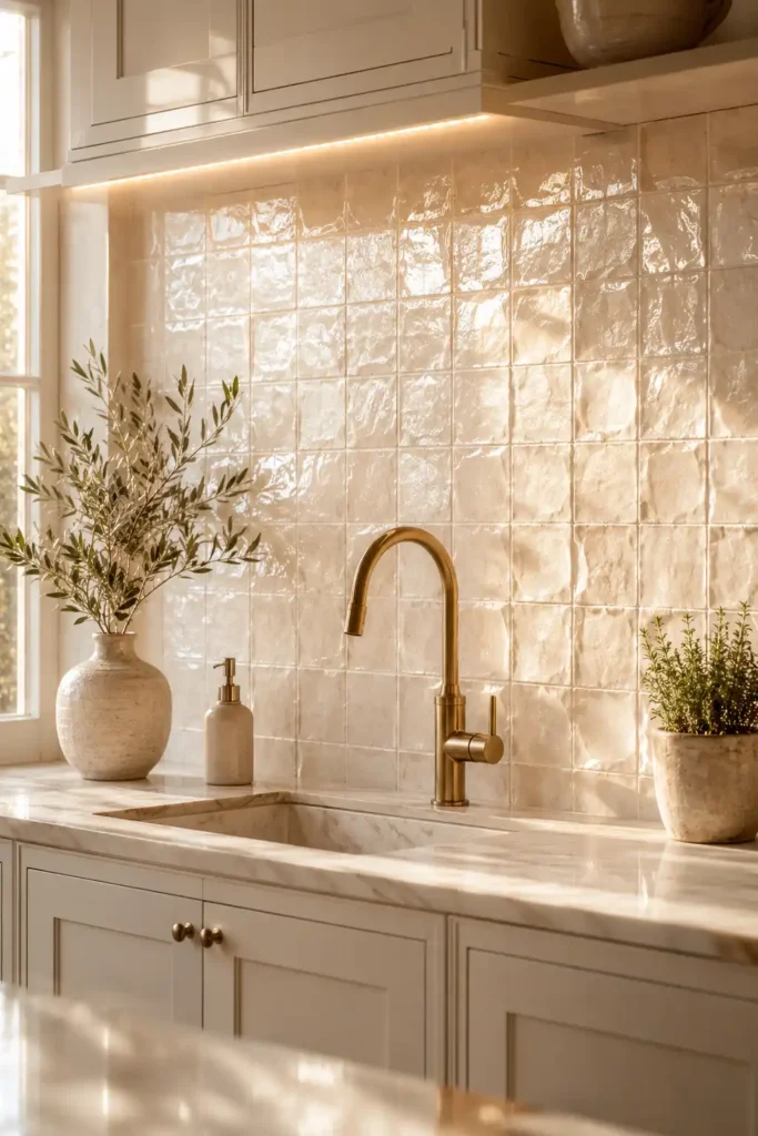 A small cozy kitchen with pearl white zellige tile backsplash