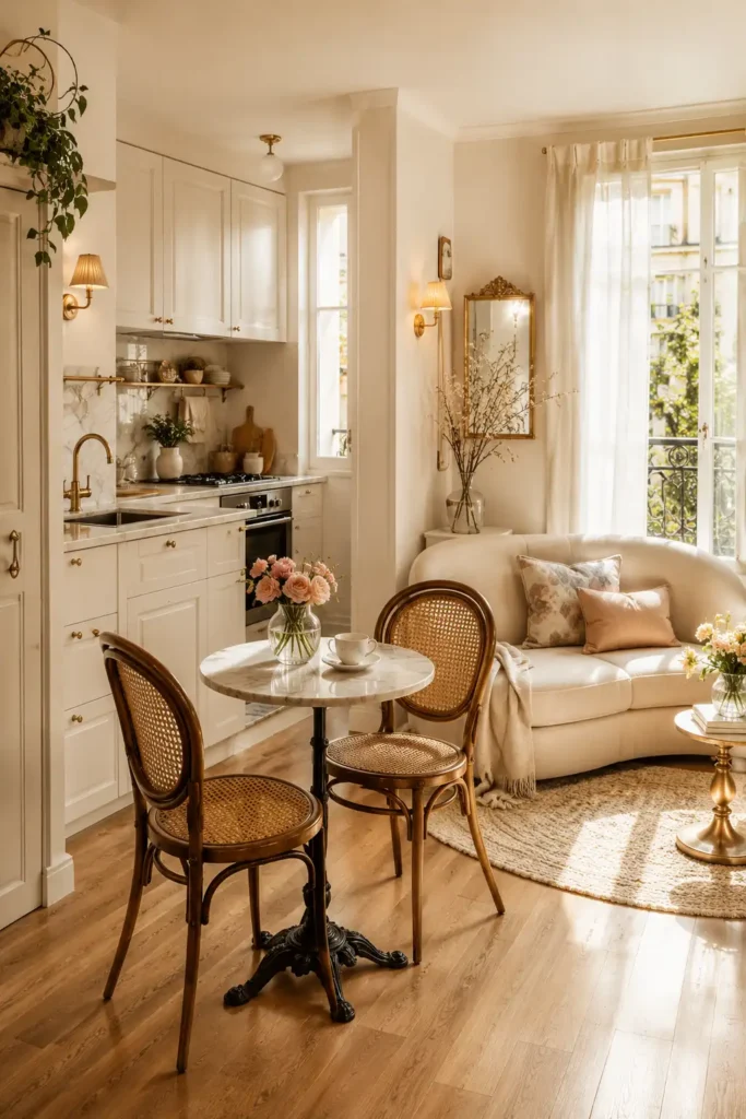 A dreamy Parisian-inspired small open concept kitchen living room in a tiny house.