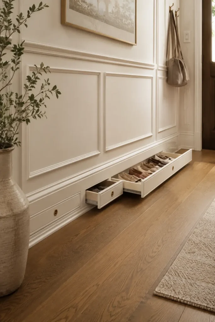 Baseboard Toe-Kick Shoe Drawers for Shoe Storage.