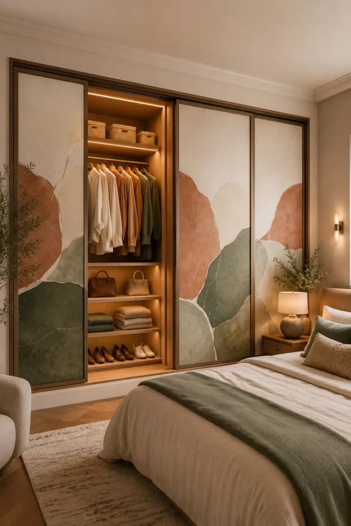  small stylish bedroom with a sliding art closet wall. A perfect small bedroom storage idea.