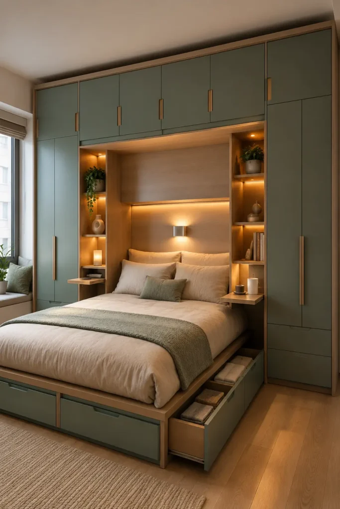 small apartment bedroom with a bed bridge storage wall, tall wardrobe cabinets on both sides of a bed connected by overhead storage.