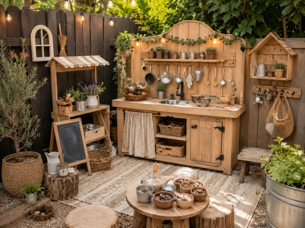 a small backyard corner with a stylish Scandinavian-inspired wooden mud kitchen