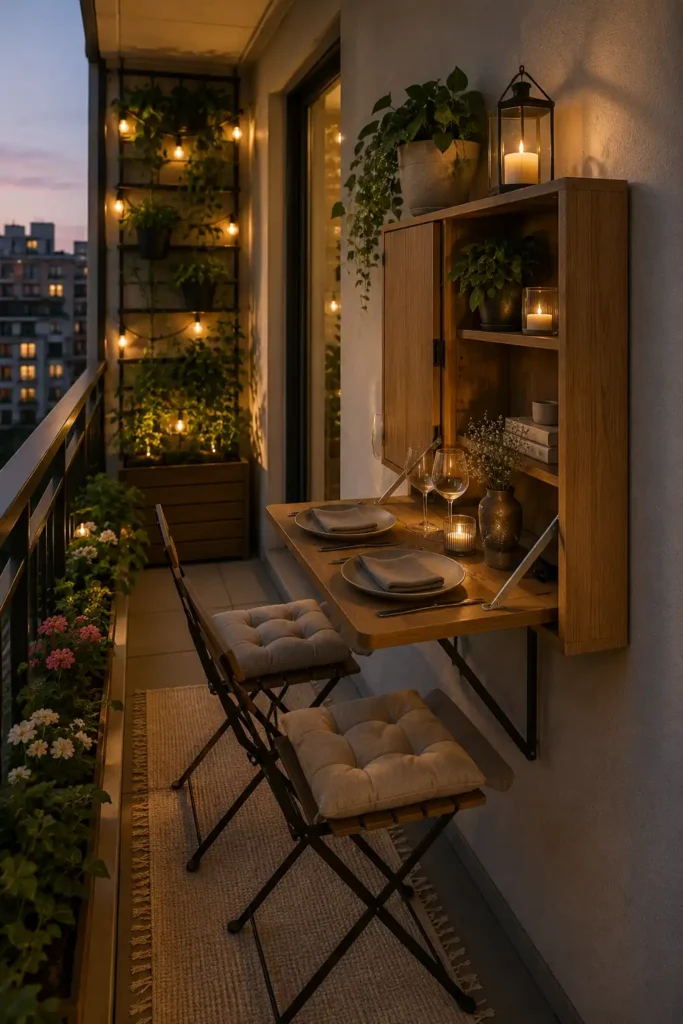 A tiny narrow apartment balcony with a hidden fold-out dining table built into the wall