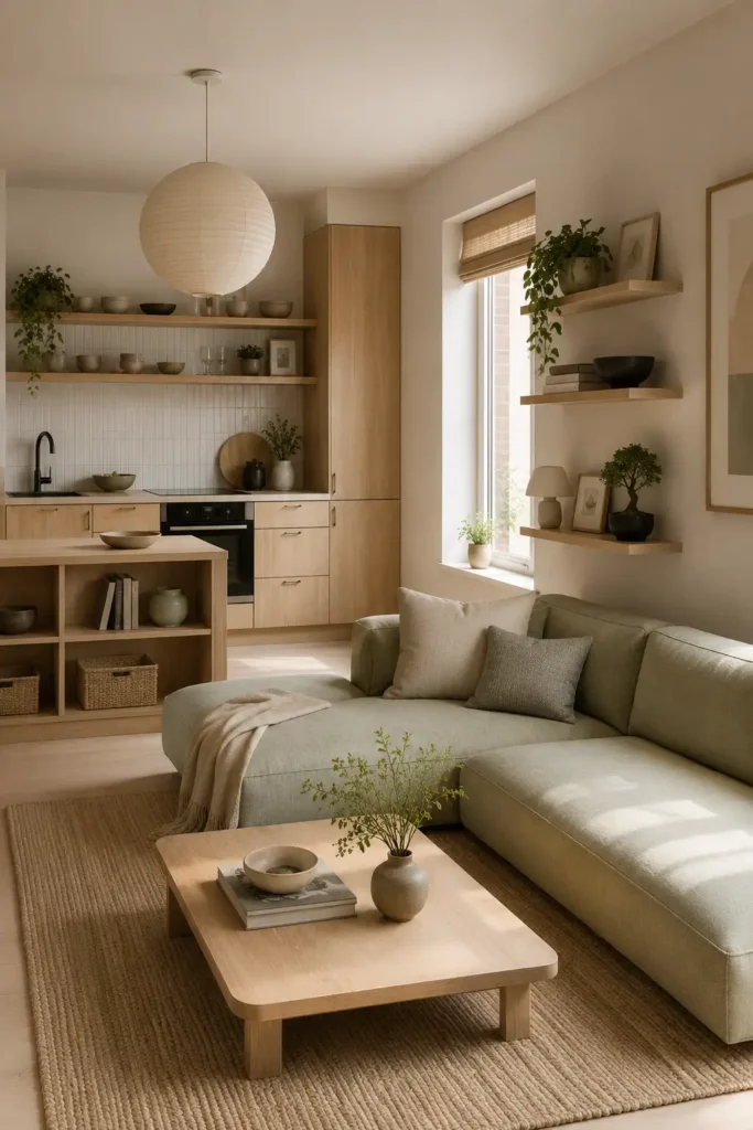 A small Japandi open concept kitchen living room layout for a tiny house