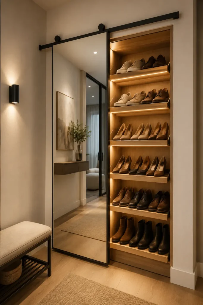 Sliding Mirror Shoe Wall for Shoe Storage.