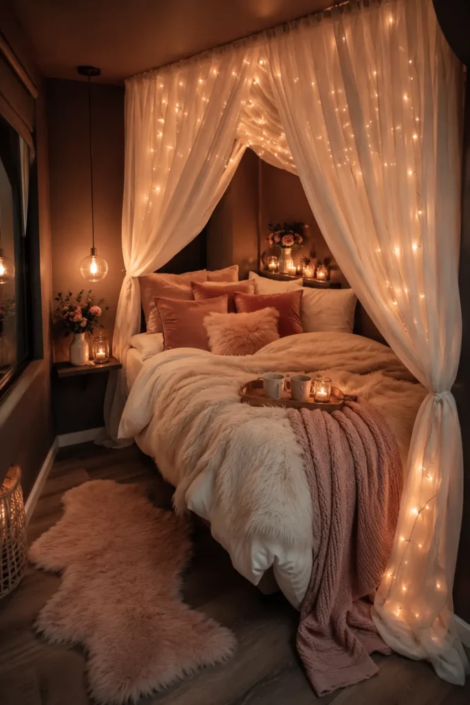 A dreamy romantic small bedroom alcove with a queen bed tucked into a cozy corner