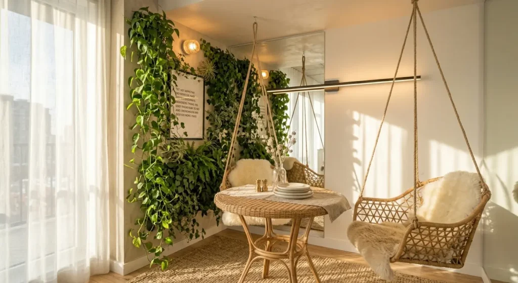 A small round wicker café table is paired with hanging woven rattan chairs. Idea for a small dining room
