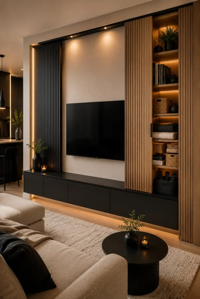  small modern living room with a sliding TV storage wall.