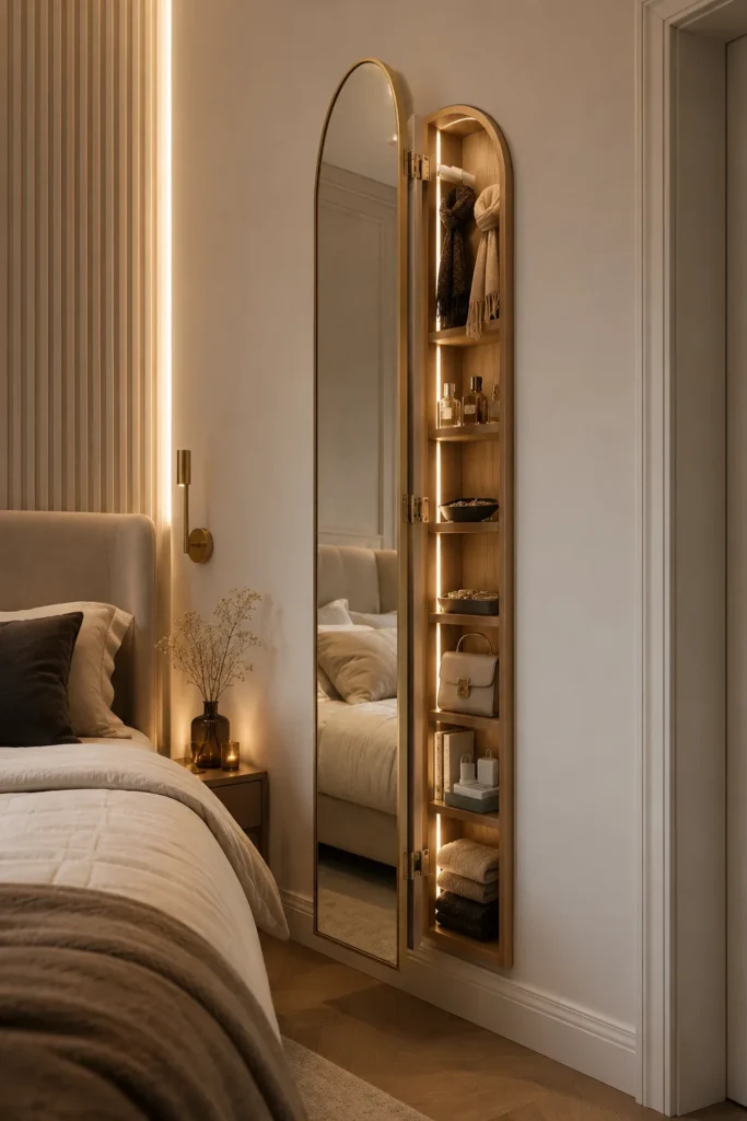small modern bedroom with a wall-slit mirror storage door, one full-length arched mirror built into the wall beside the bed.