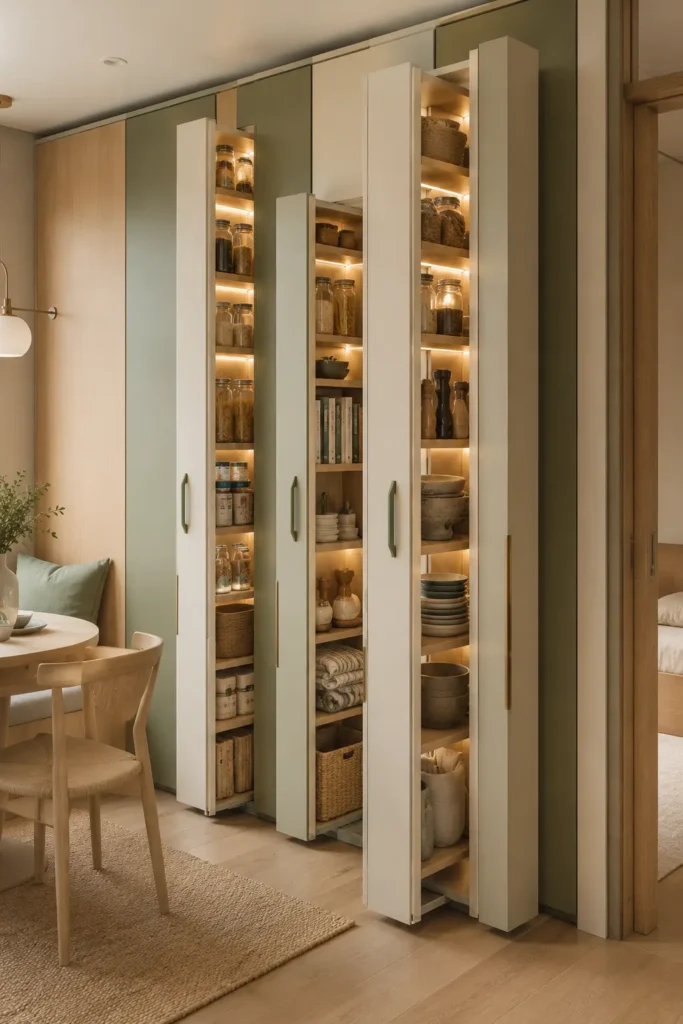  small apartment living area with a tall pull-out storage wall, slim sage green vertical pull-out cabinets opened like narrow pantry towers, shelves inside holding books, baskets, folded items, decor, and apartment essentials.
