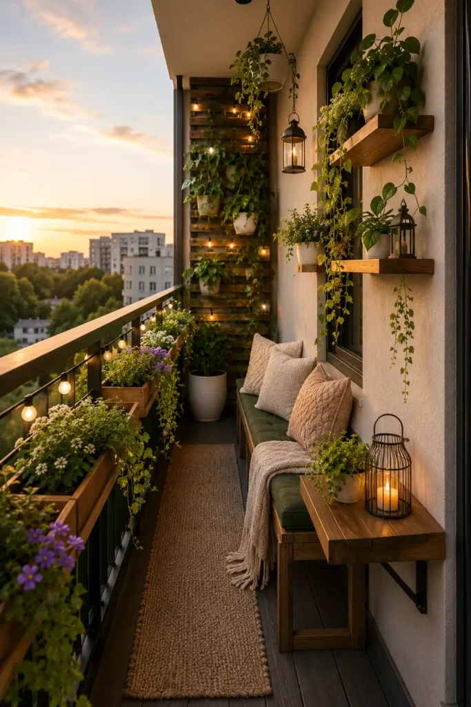 A narrow balcony transformed into a floating vertical garden escape. Slim balcony layout with plants attached to railing shelves.