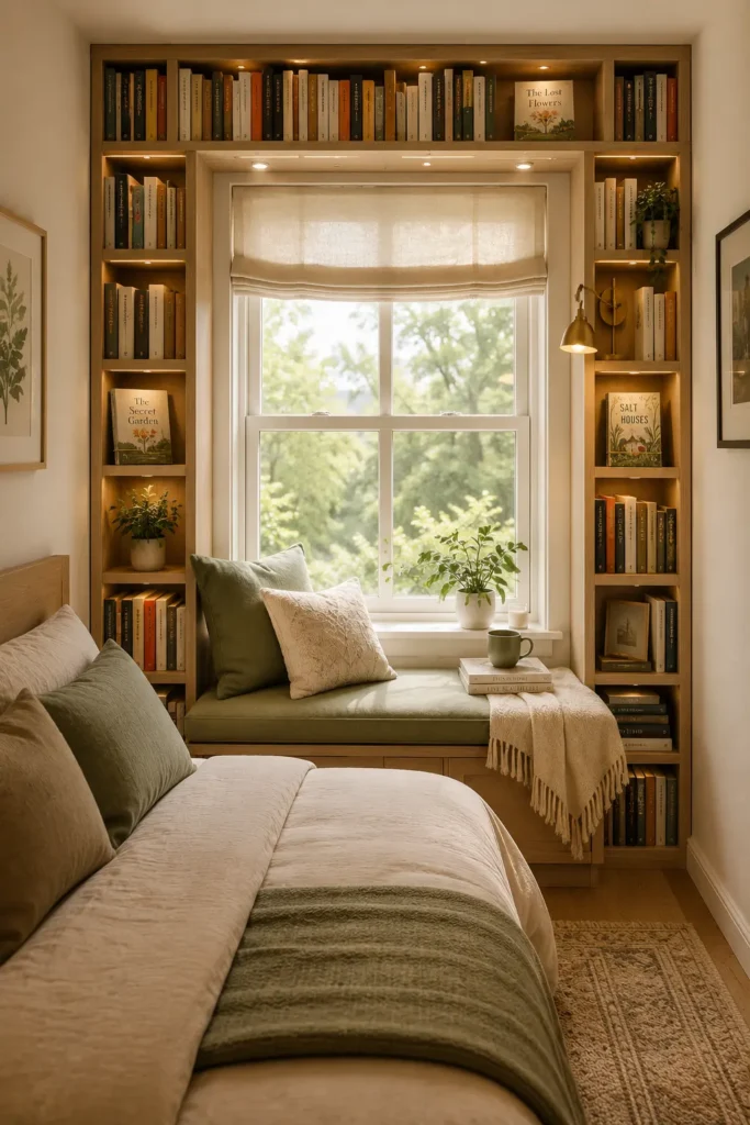 small bedroom with a unique window frame book halo, slim built-in bookshelves wrapping around the bedroom window.
