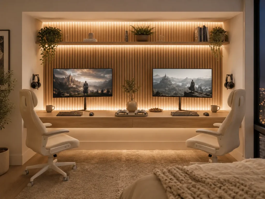 A premium minimalist couple gaming setup built into a recessed wall alcove in a small apartment