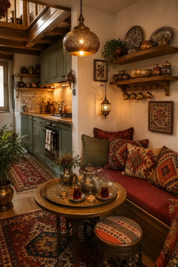 A stylish Turkish-inspired small open concept kitchen living room 