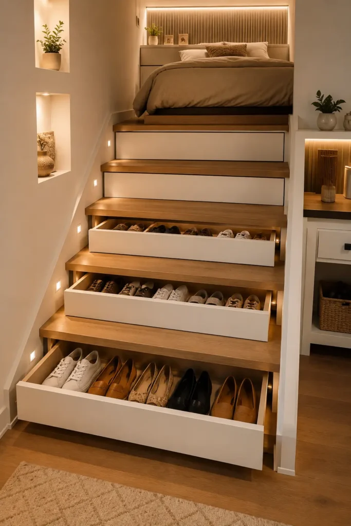 Step-Riser Pull-Out Shoe Cartridges Storage Idea.