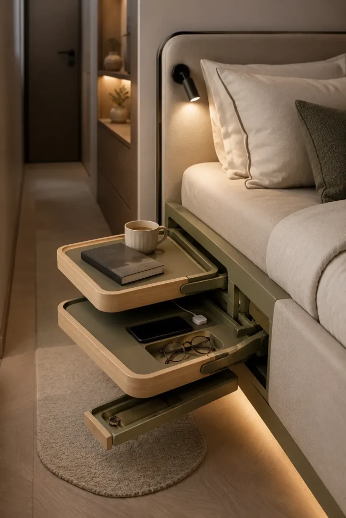 tiny bedroom with a telescoping bedside tray drawer built into the bed frame. Built to save bedroom storage.