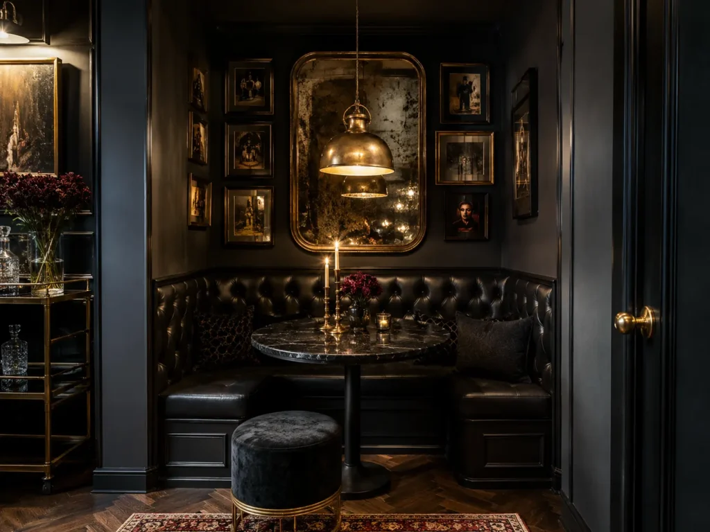 A tufted black leather banquette bench is paired with a round black marble bistro table. idea for small dining rooms