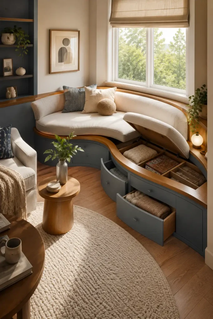 small cozy living room with a curved window bench storage lounge.