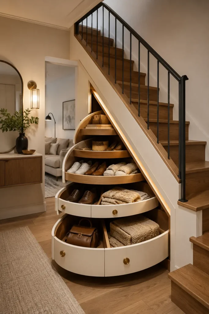 small apartment staircase with a creative under-stairs fan storage system, curved fan-shaped pull-out shelves sliding from beneath the stairs.