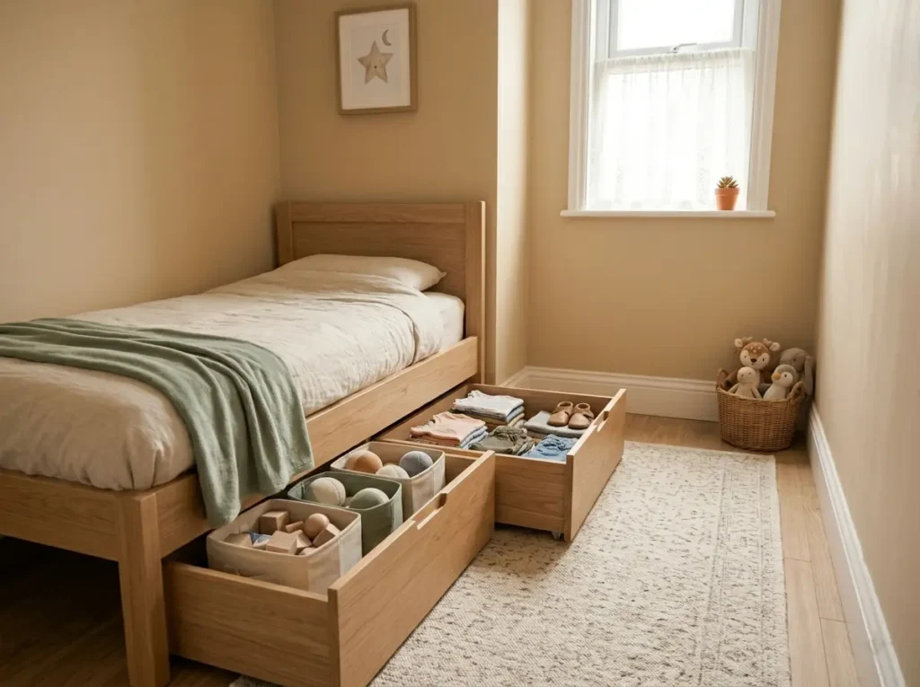 A small kids bedroom with a simple wooden bed and neat under-bed storage drawers filled with toys, clothes, and baskets
