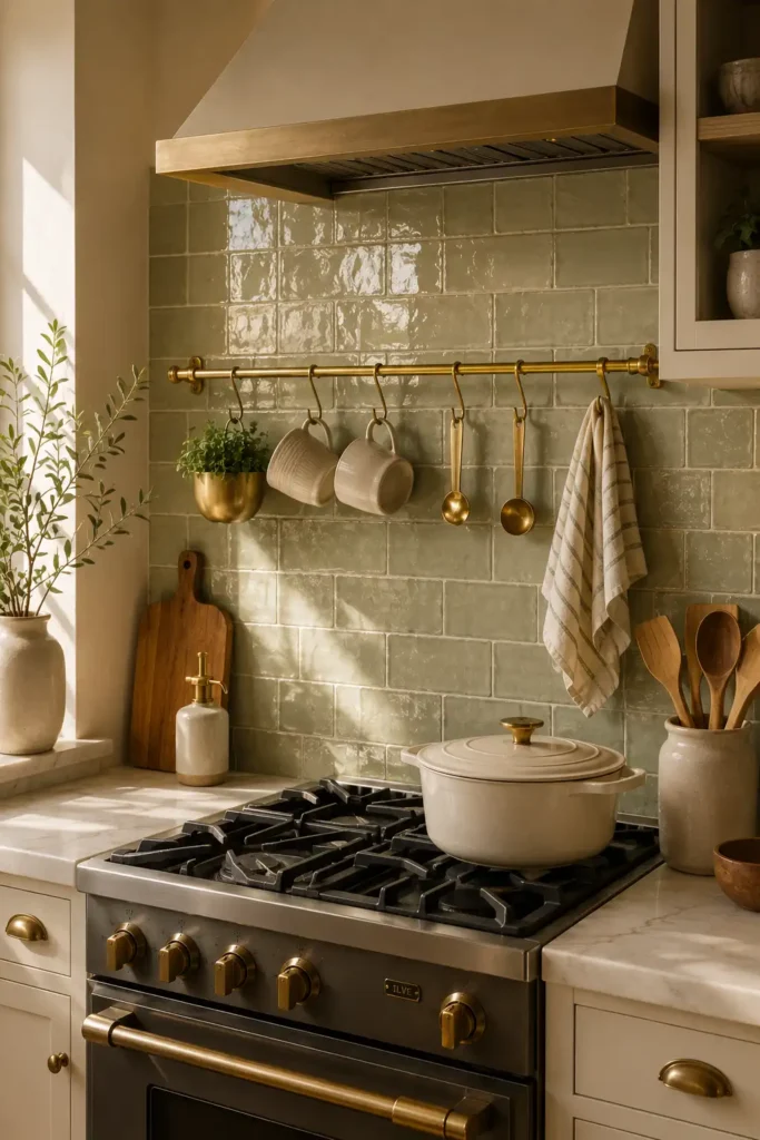 A small cozy kitchen with soft sage green glossy tile backsplash