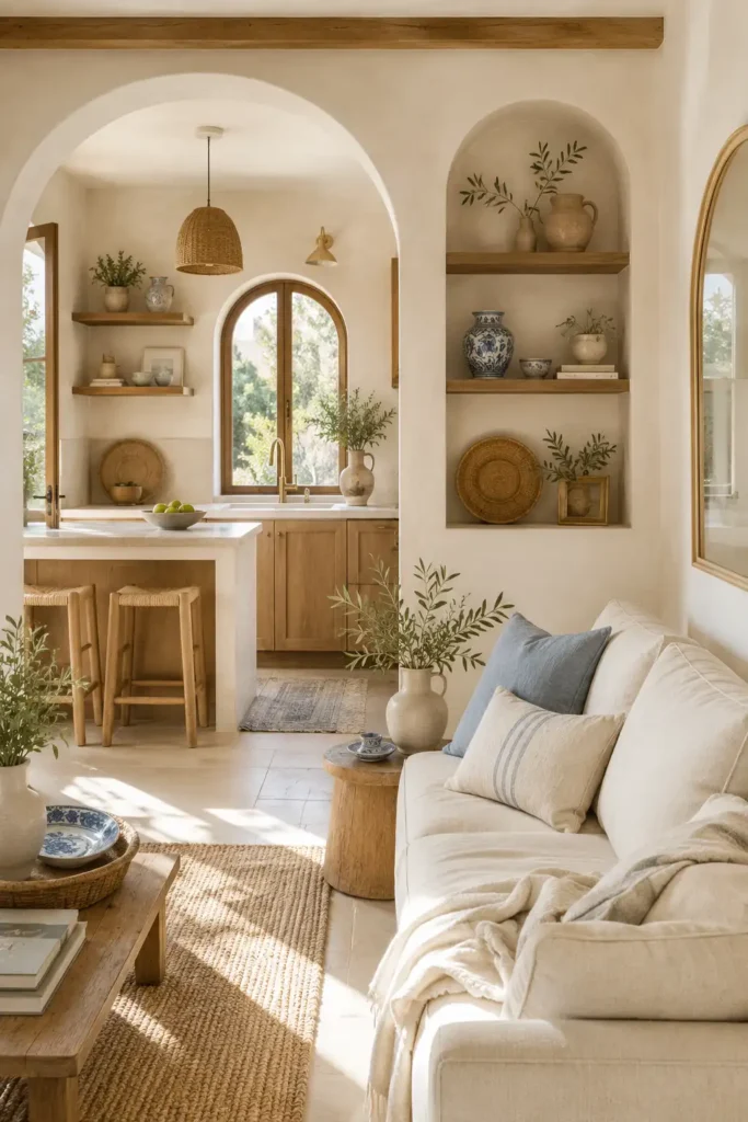A dreamy Mediterranean-inspired small open concept kitchen living room