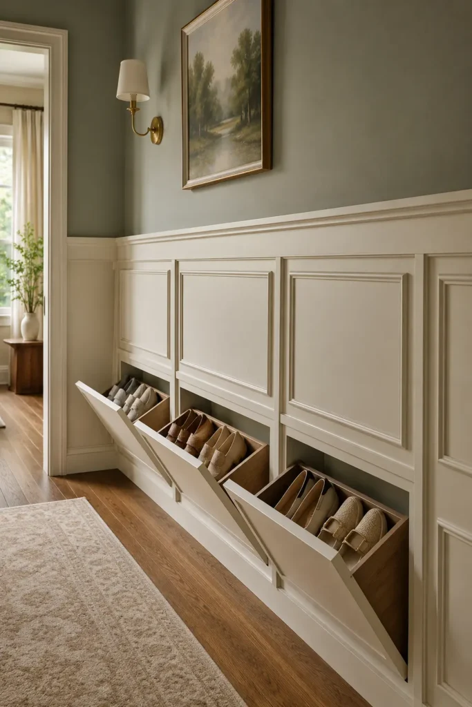 Faux-Wainscoting Drop-Flap Shoe Pockets for Shoe Storage.