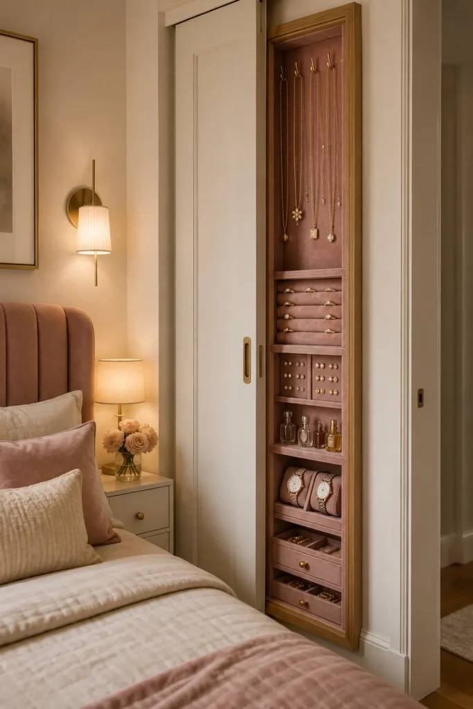 small refined bedroom with a pocket-door jewelry vault, sliding pocket door wall section.