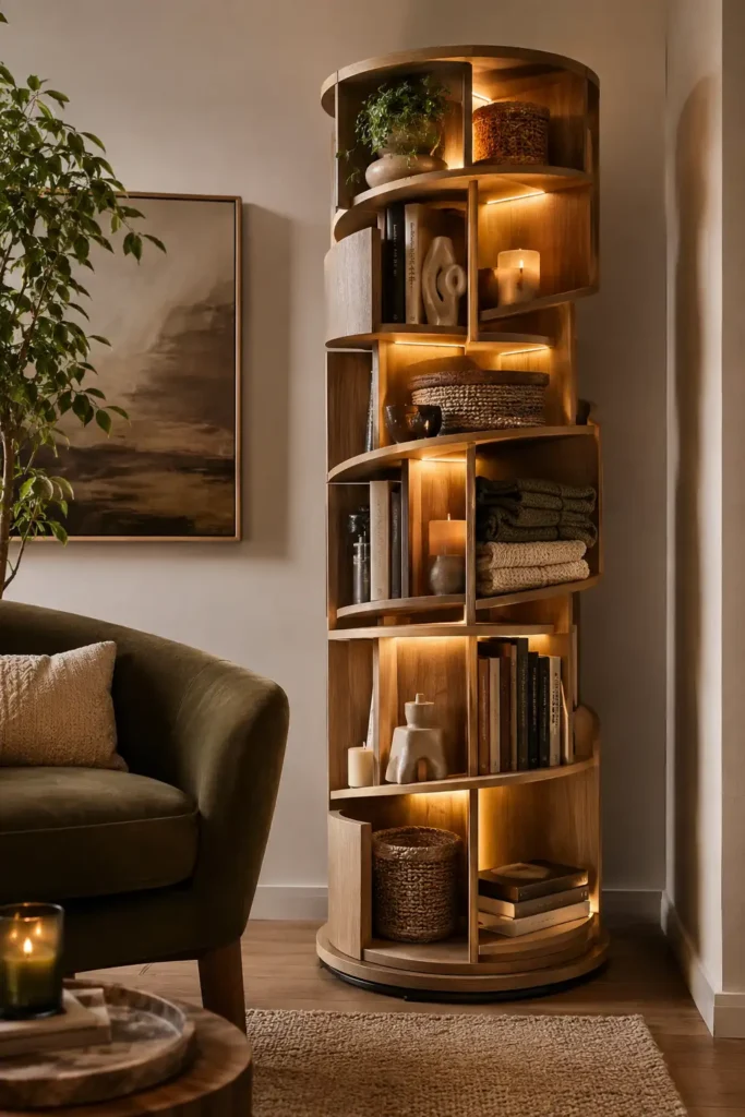 small living room corner with a rotating corner storage tower.