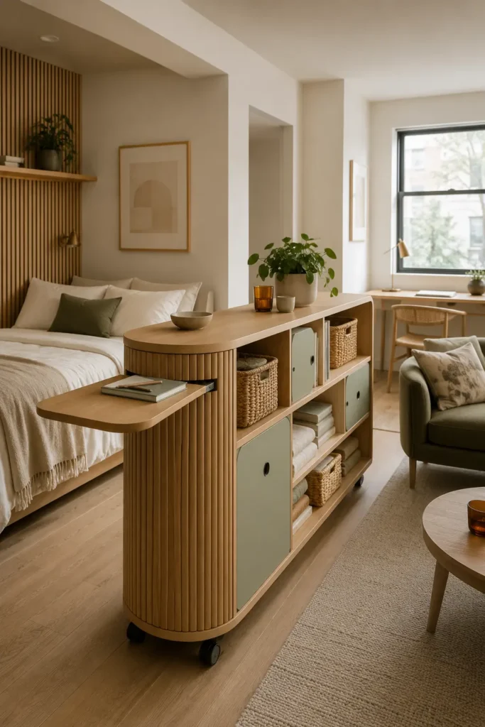 studio apartment with a rolling room divider storage island.