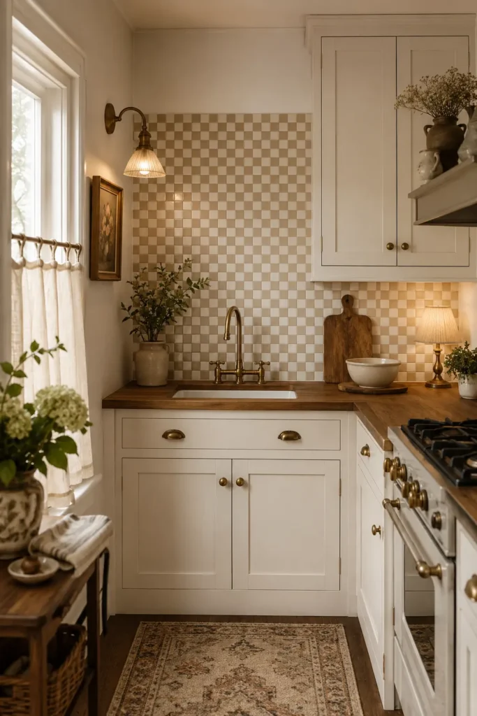 A small stylish kitchen with mini checkerboard backsplash in warm cream and taupe tiles