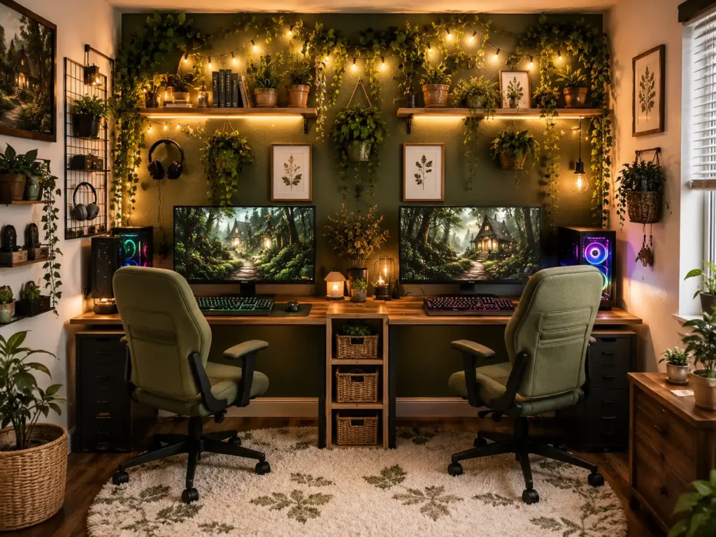 A beautiful cottagecore gaming room idea for a couple in a small space