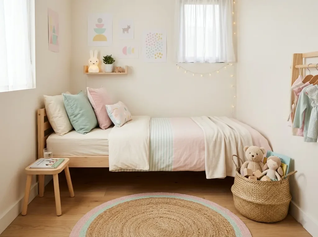 A small kids bedroom with soft pastel colors, pale pink, mint, cream, and light wood furniture, simple bedding, cute wall art, small toy baskets, cozy rug