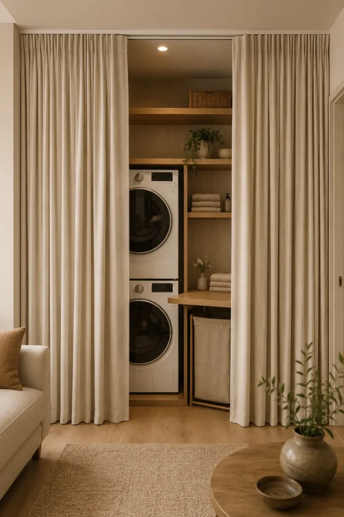 Pleated Curtain Hideaway Laundry Wall for laundry room.