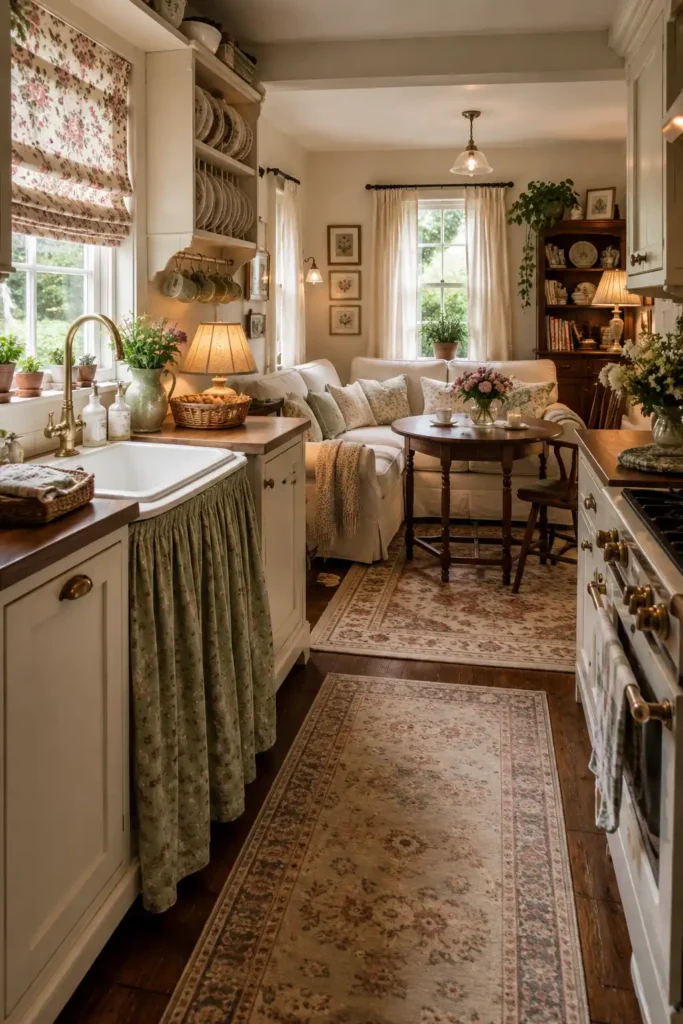 A cute English cottage-inspired small open concept kitchen living room