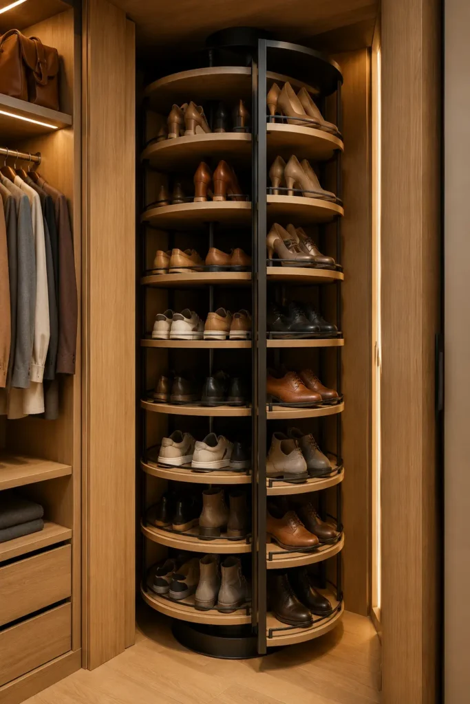 corner with a lazy-susan wardrobe shoe core, tall rotating cylindrical shoe tower inside the closet.
