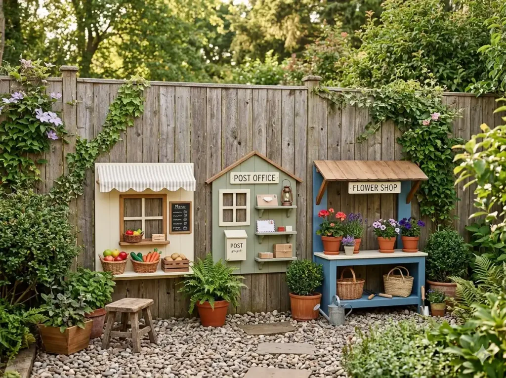 a small backyard fence decorated with three small wooden playhouse-style facades, like a mini market window, tiny post office window, and pretend flower shop counter.