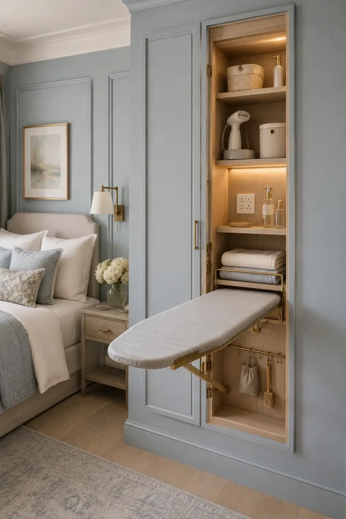 small bedroom with a hidden wall ironing niche.