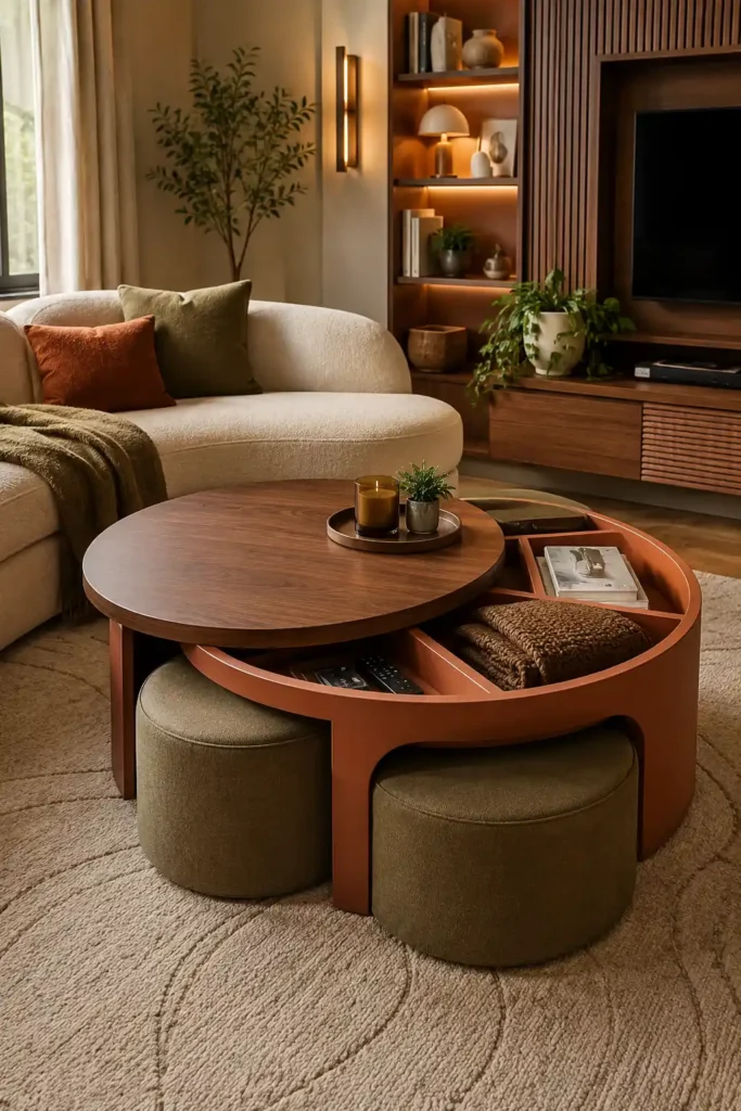 small apartment living room with a round coffee table storage nest.