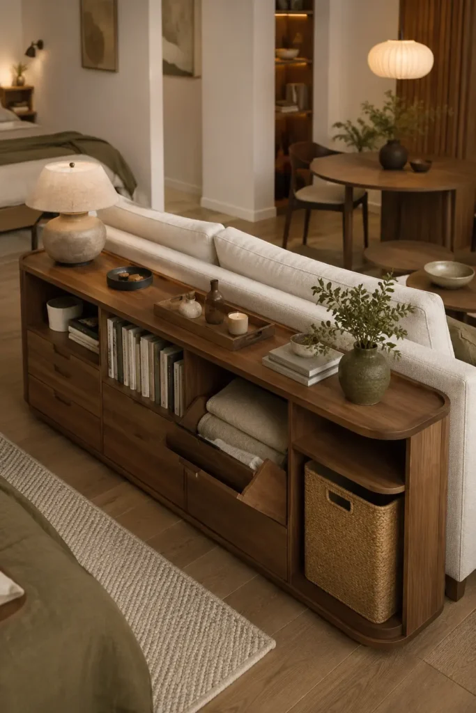 small apartment living room with a slim sofa-back storage console, narrow console built directly behind a sofa with hidden drawers.