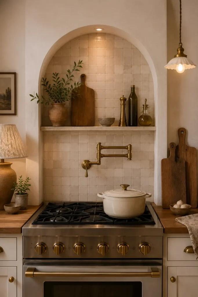 A small Mediterranean-inspired kitchen with an arched tile backsplash niche behind the stove.