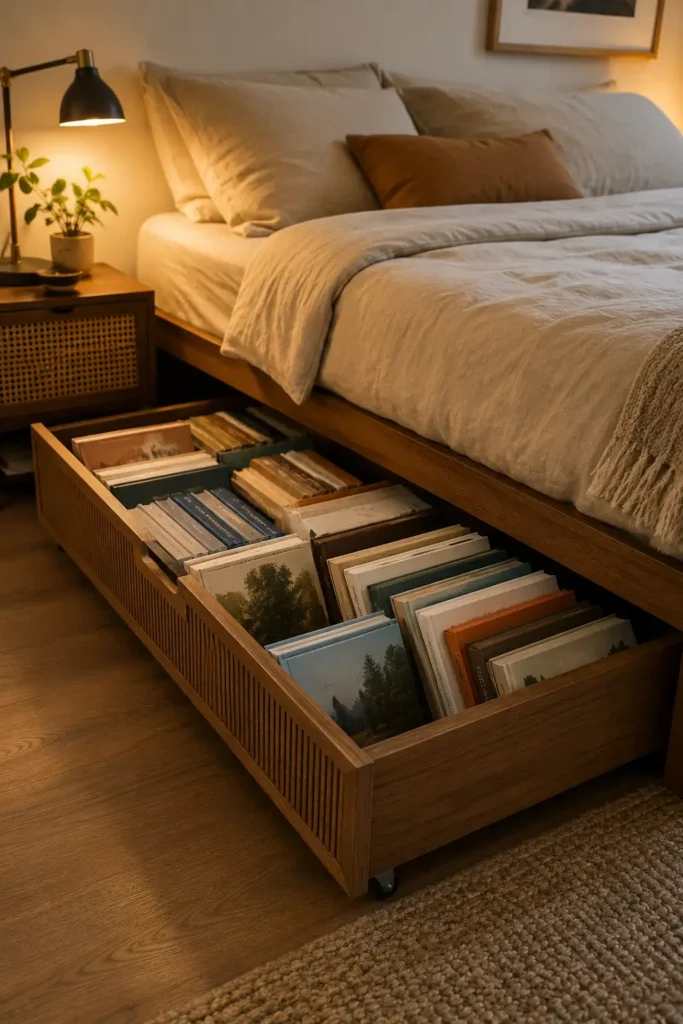 Clever small bedroom with hidden under-bed rolling book drawers