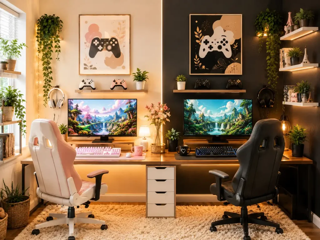 A cute and premium couple gaming room with a “player one and player two” inspired design
