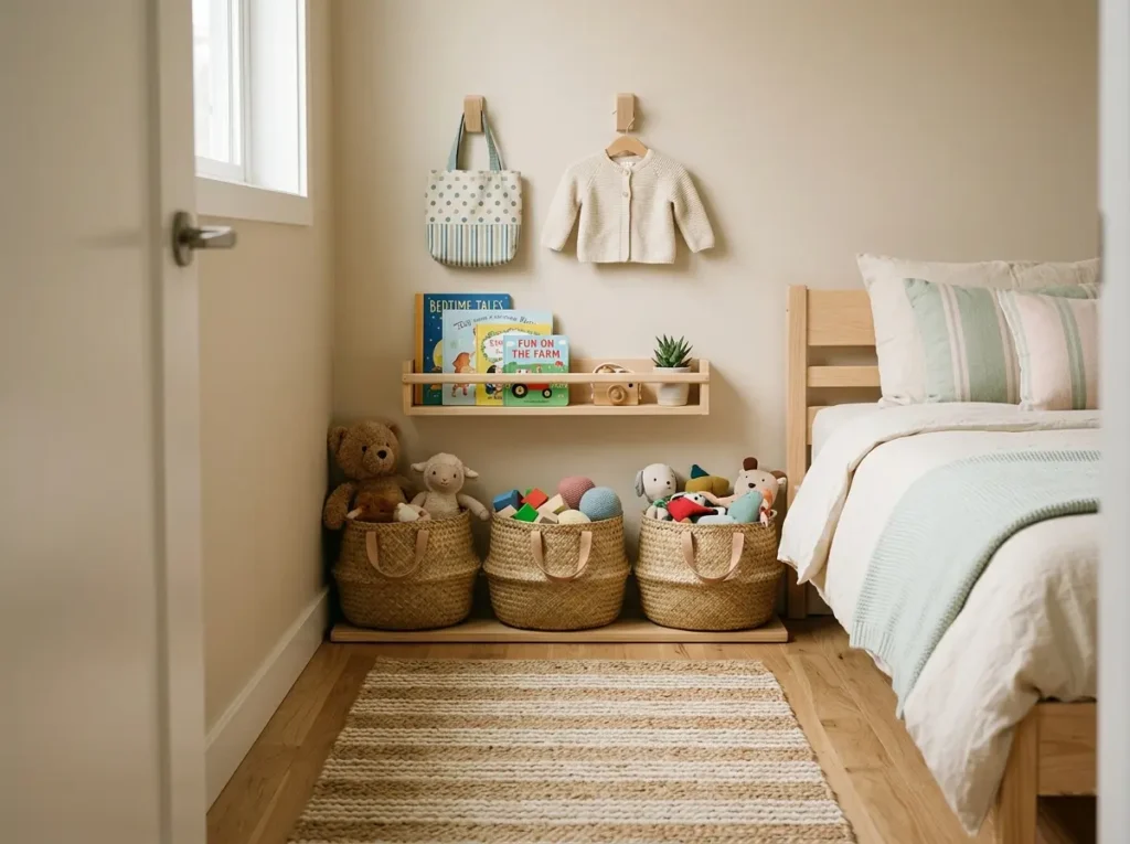 A small kids bedroom wall with low woven toy baskets, wall hooks, shelves with books and plush toys in basket.