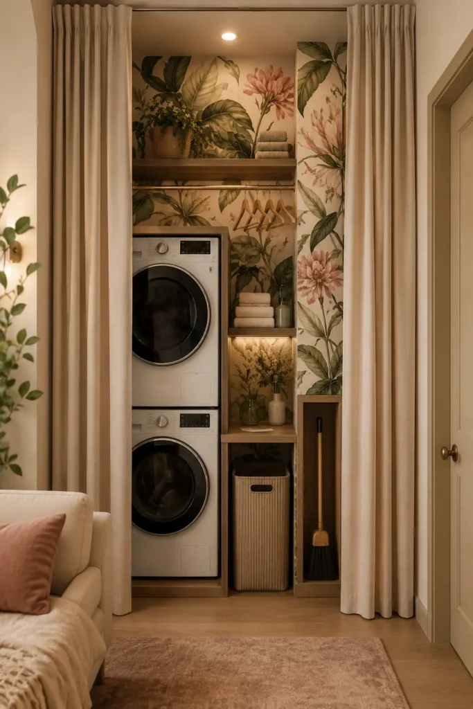 Botanical Wallpaper Laundry Closet idea for small laundry room.