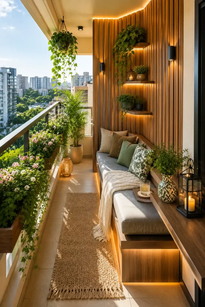 A narrow luxury apartment balcony inspired by a boutique hotel