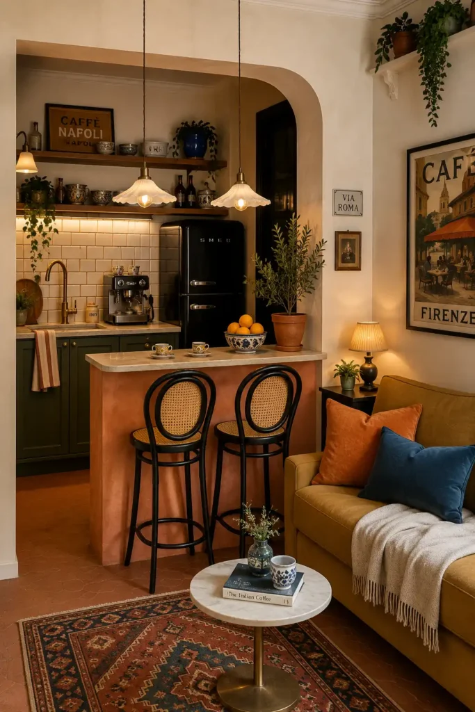 A stylish Italian café-inspired small open concept kitchen living room